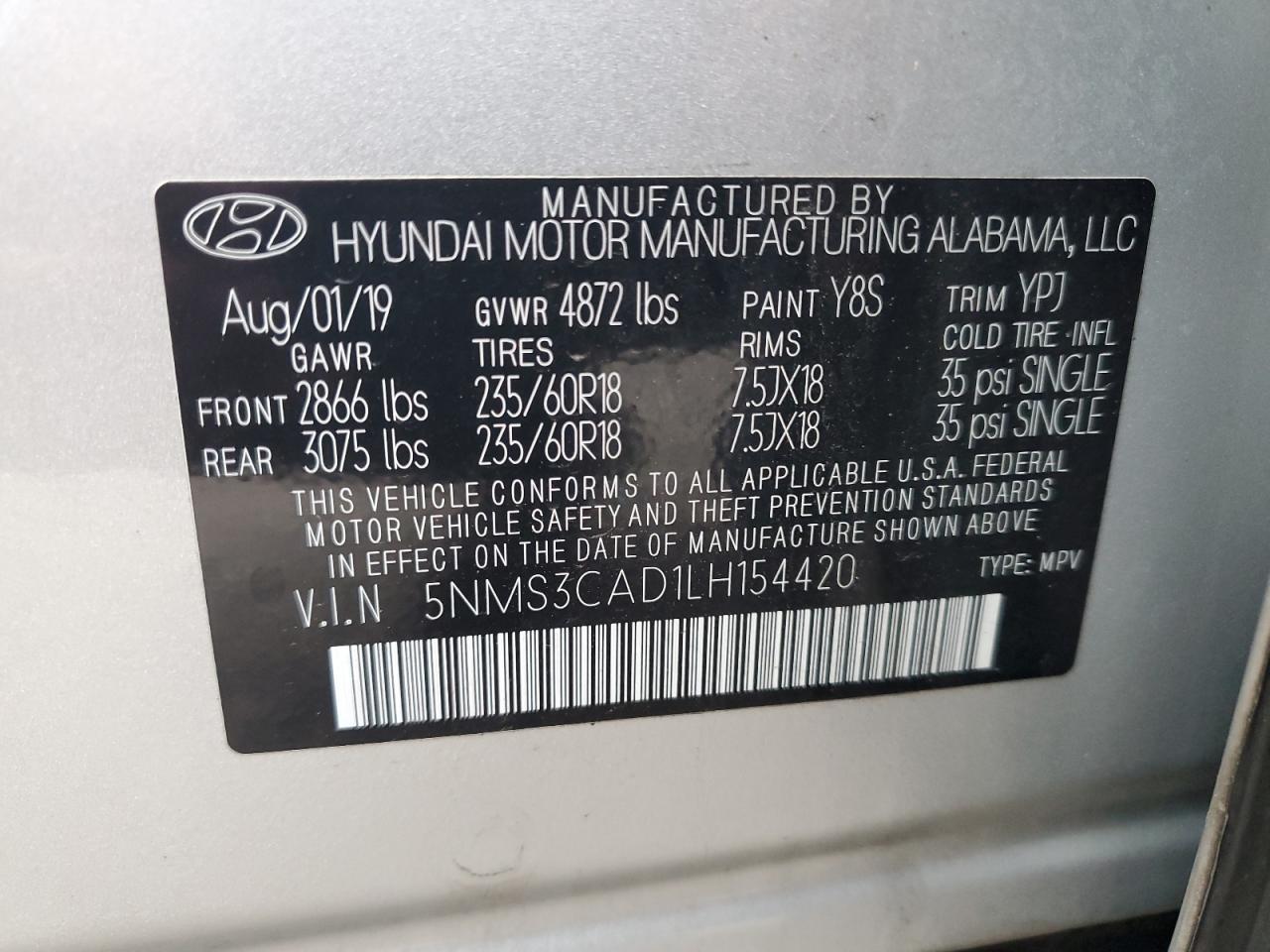 2020 Hyundai Santa Fe Sel VIN: 5NMS3CAD1LH154420 Lot: 78779034