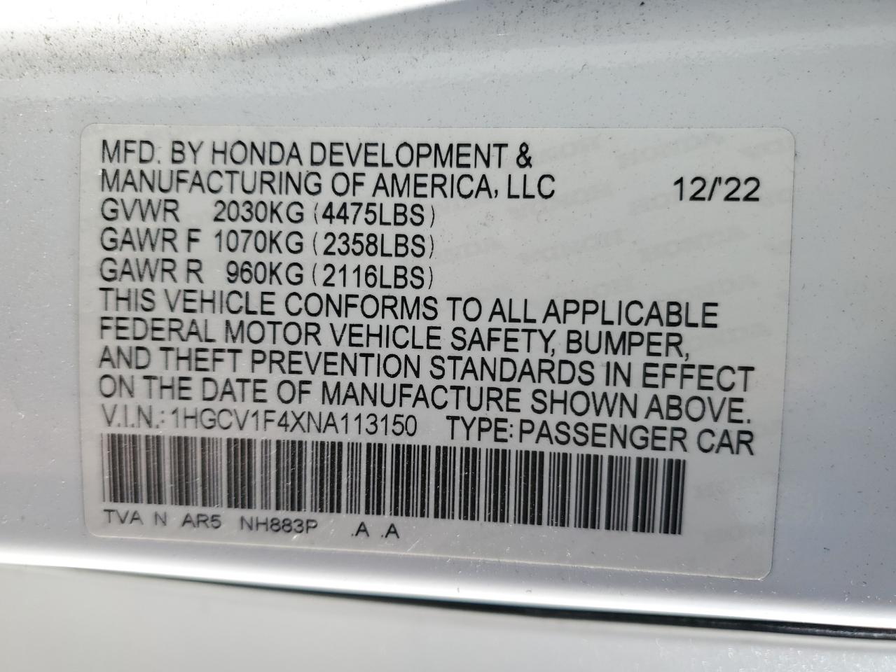 2022 Honda Accord Sport Se VIN: 1HGCV1F4XNA113150 Lot: 80588004