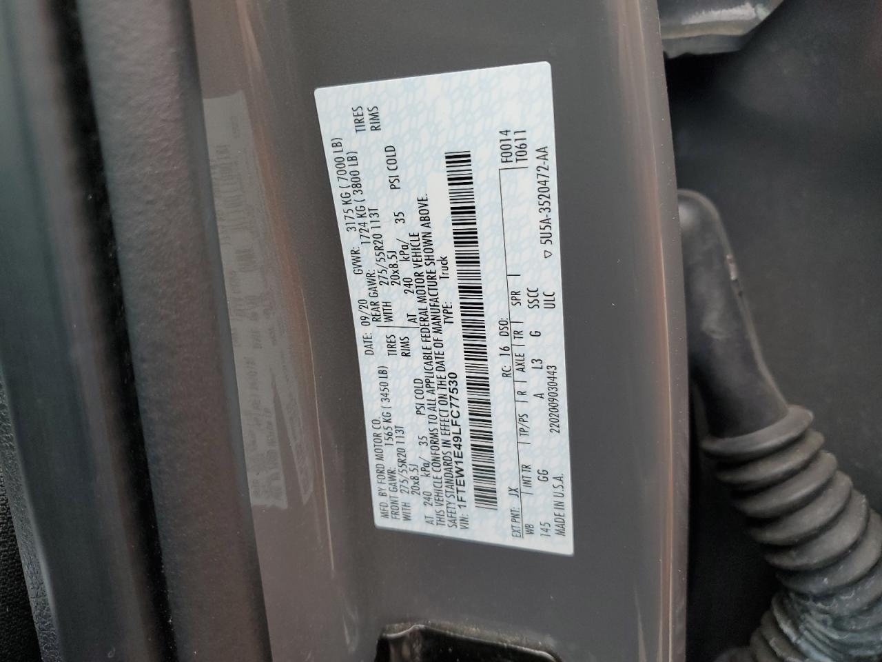 2020 Ford F150 Supercrew VIN: 1FTEW1E49LFC77530 Lot: 79221354