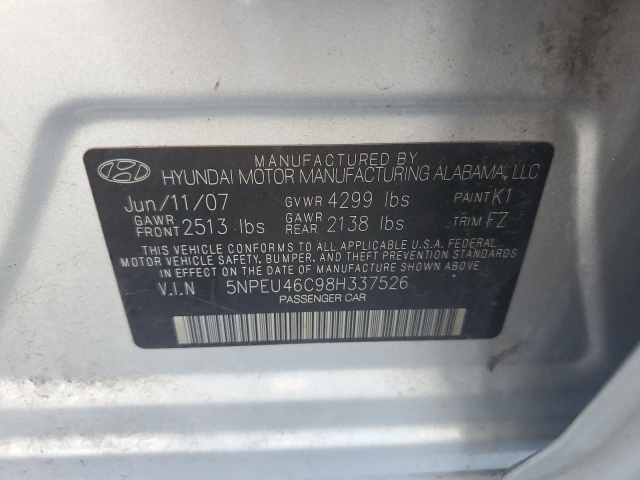 2008 Hyundai Sonata Se VIN: 5NPEU46C98H337526 Lot: 76463094