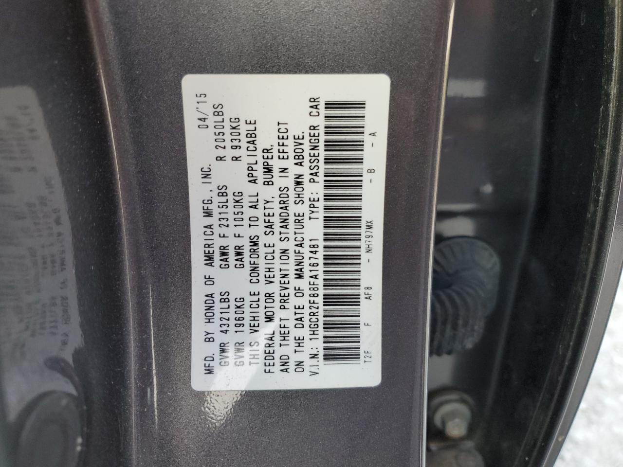 2015 Honda Accord Exl VIN: 1HGCR2F88FA167481 Lot: 80279524