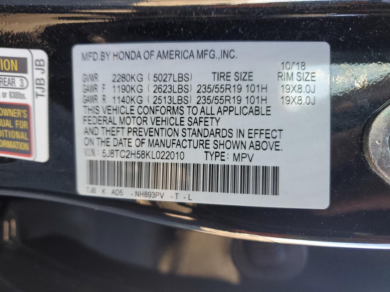 VIN 5J8TC2H58KL022010 2019 ACURA RDX no.13