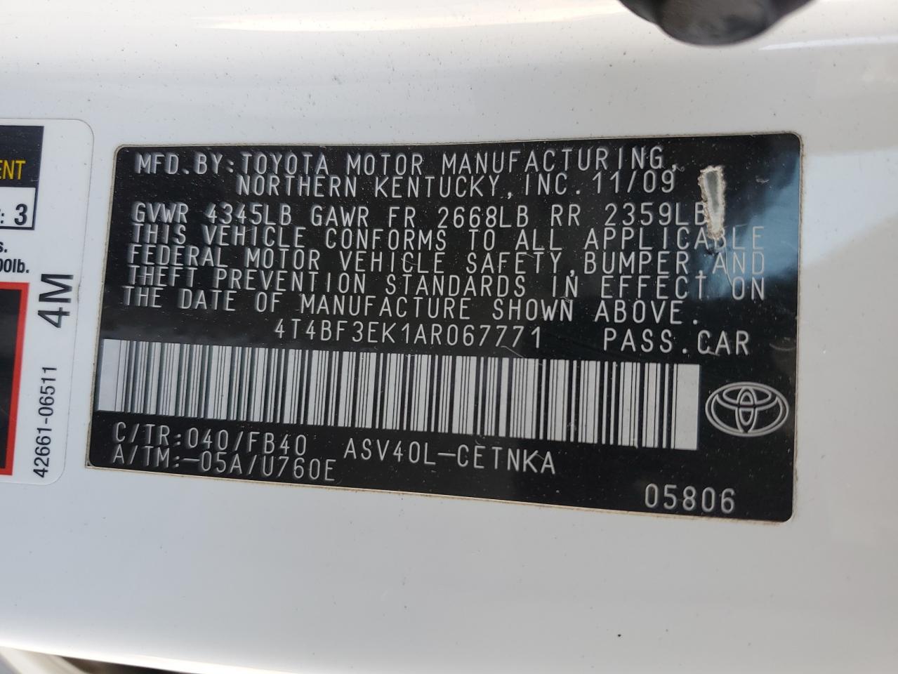 2010 Toyota Camry Base VIN: 4T4BF3EK1AR067771 Lot: 78057354