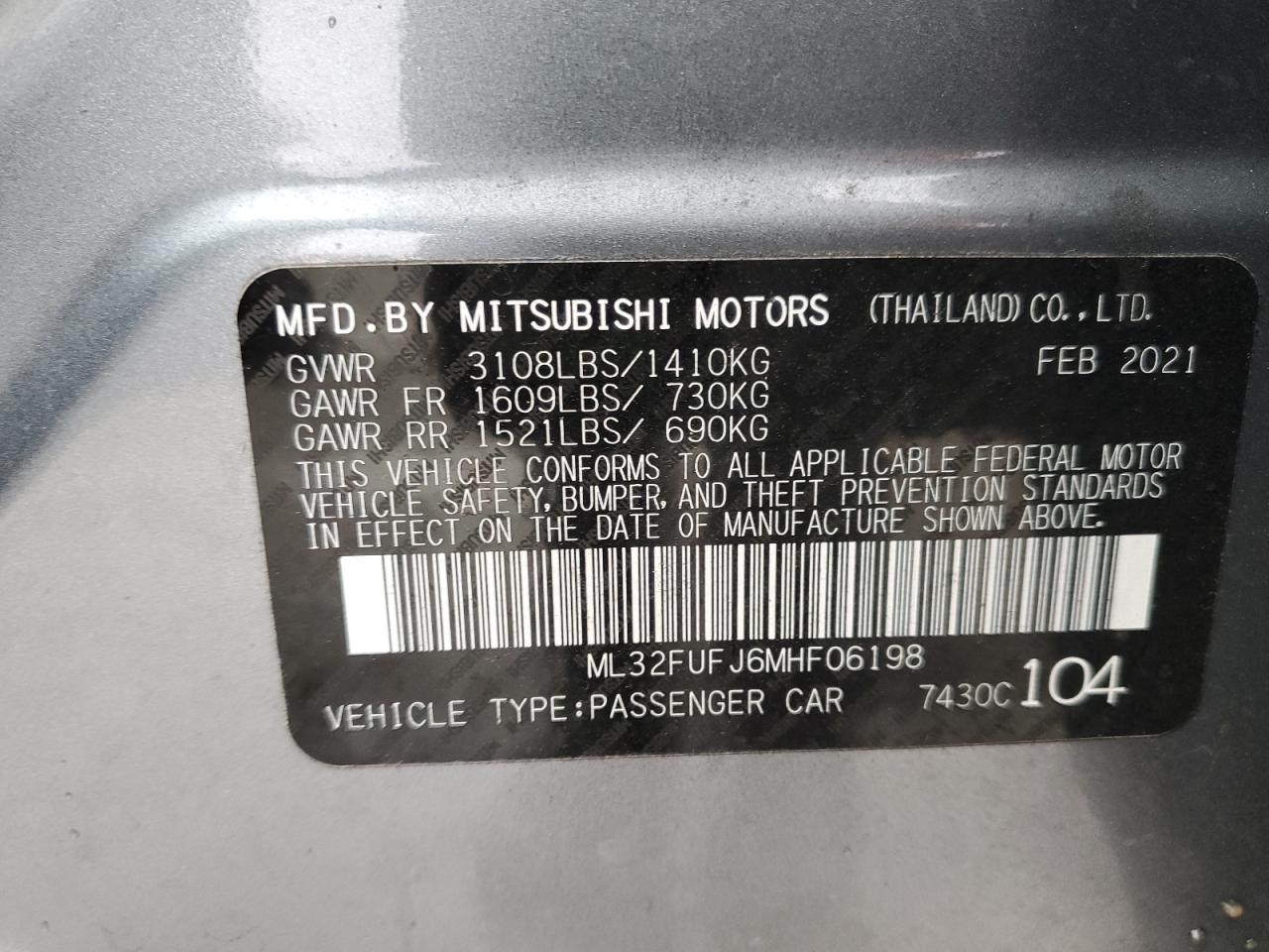 VIN ML32FUFJ6MHF06198 2021 MITSUBISHI MIRAGE no.12