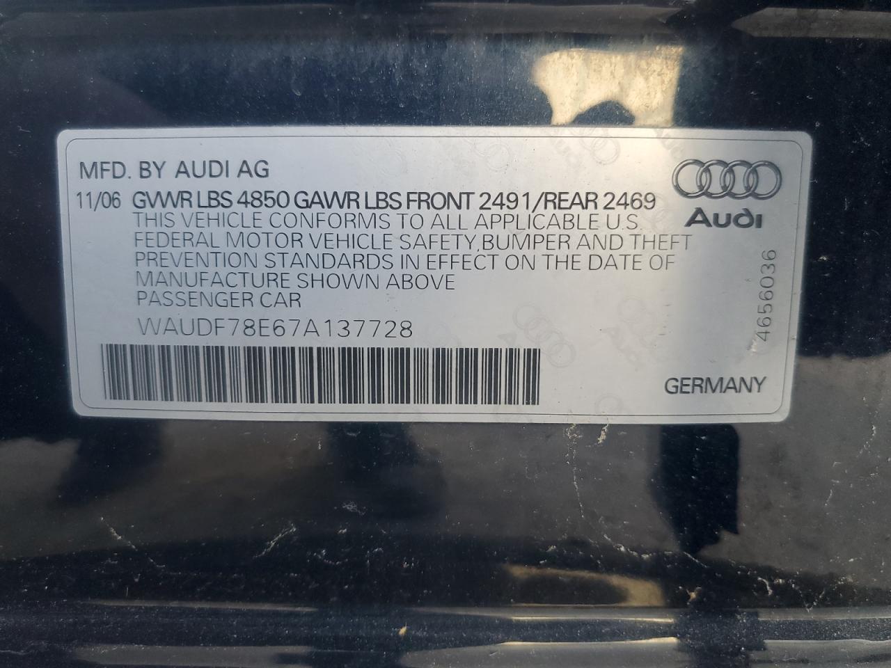 2007 Audi A4 2.0T Quattro VIN: WAUDF78E67A137728 Lot: 79691754