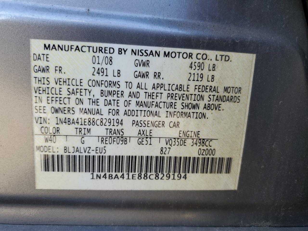 2008 Nissan Maxima Se VIN: 1N4BA41E88C829194 Lot: 79069644