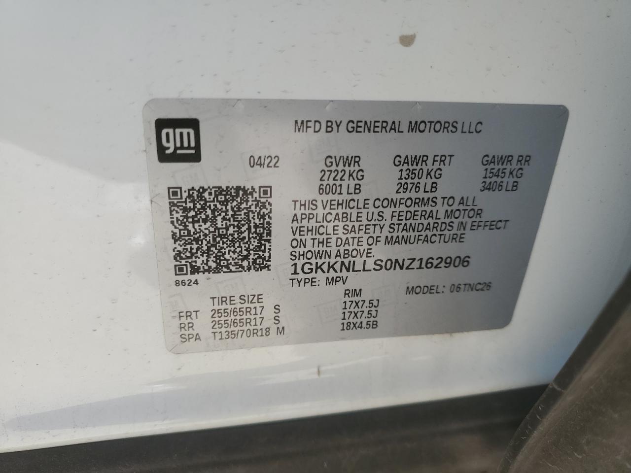 2022 GMC Acadia At4 VIN: 1GKKNLLS0NZ162906 Lot: 80690874