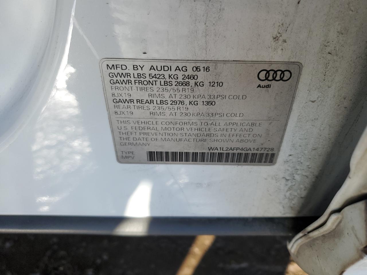 2016 Audi Q5 Premium Plus VIN: WA1L2AFP4GA147728 Lot: 80333944