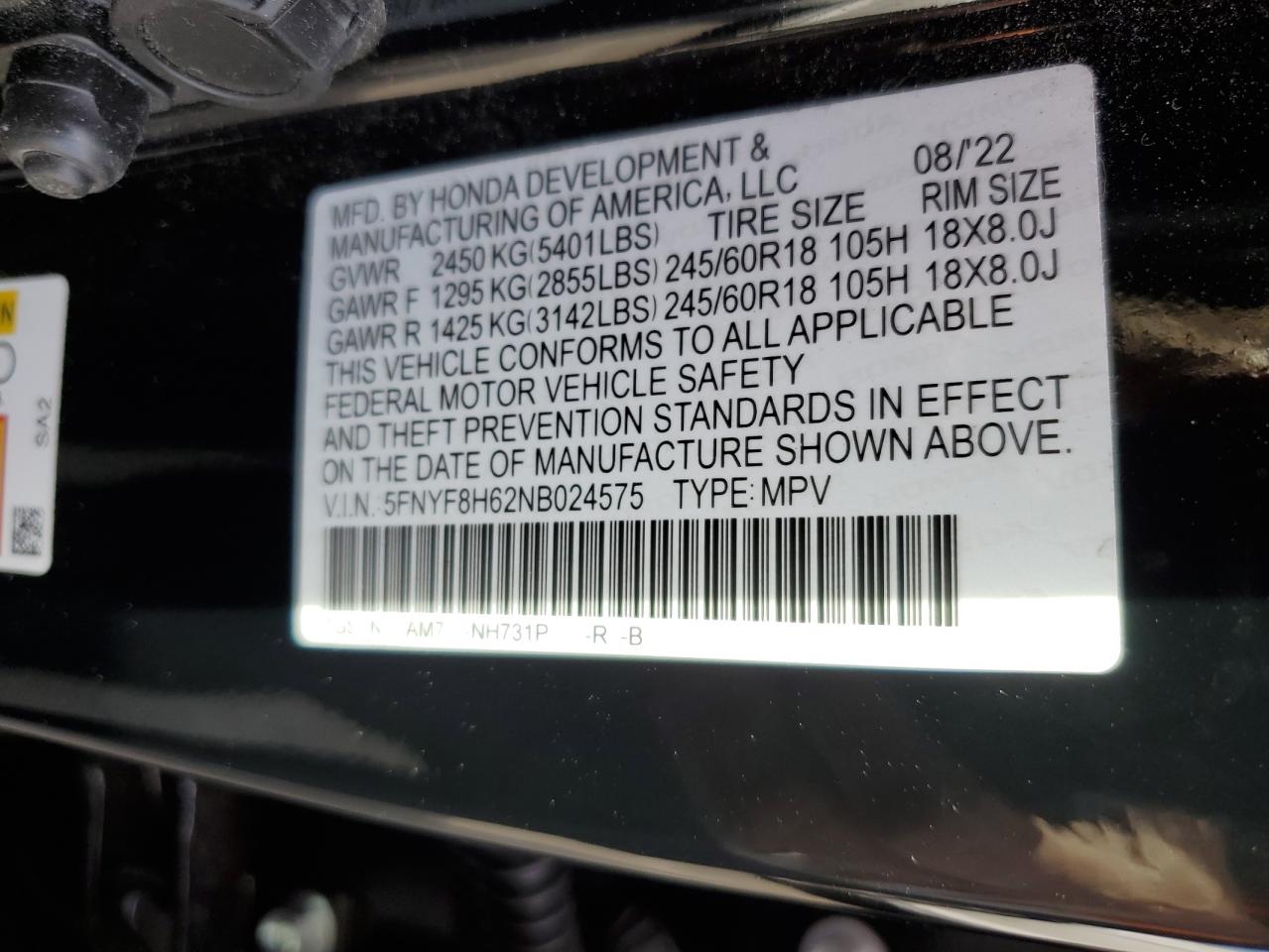 2022 Honda Passport Trail Sport VIN: 5FNYF8H62NB024575 Lot: 77230094