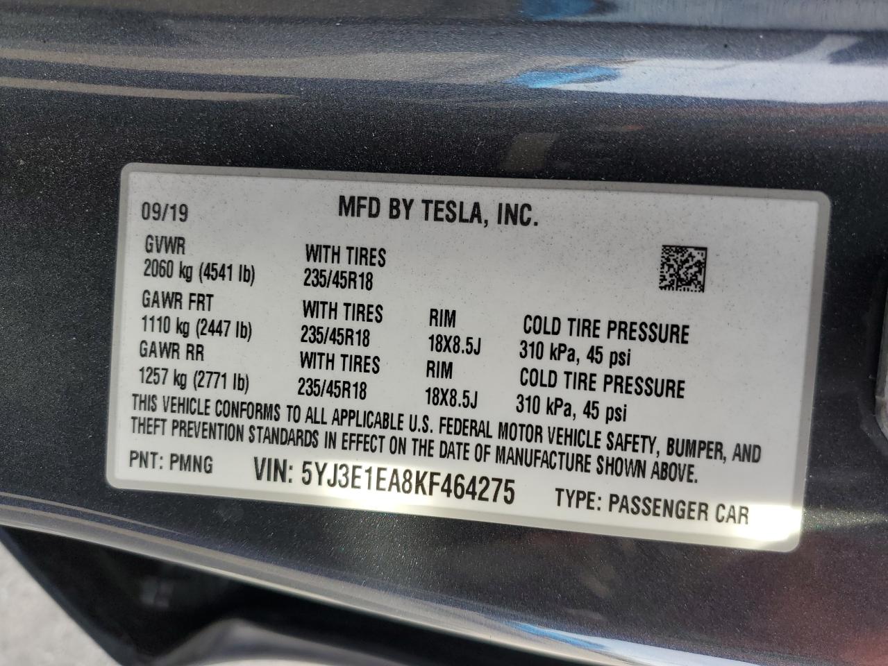 2019 Tesla Model 3 VIN: 5YJ3E1EA8KF464275 Lot: 79529874