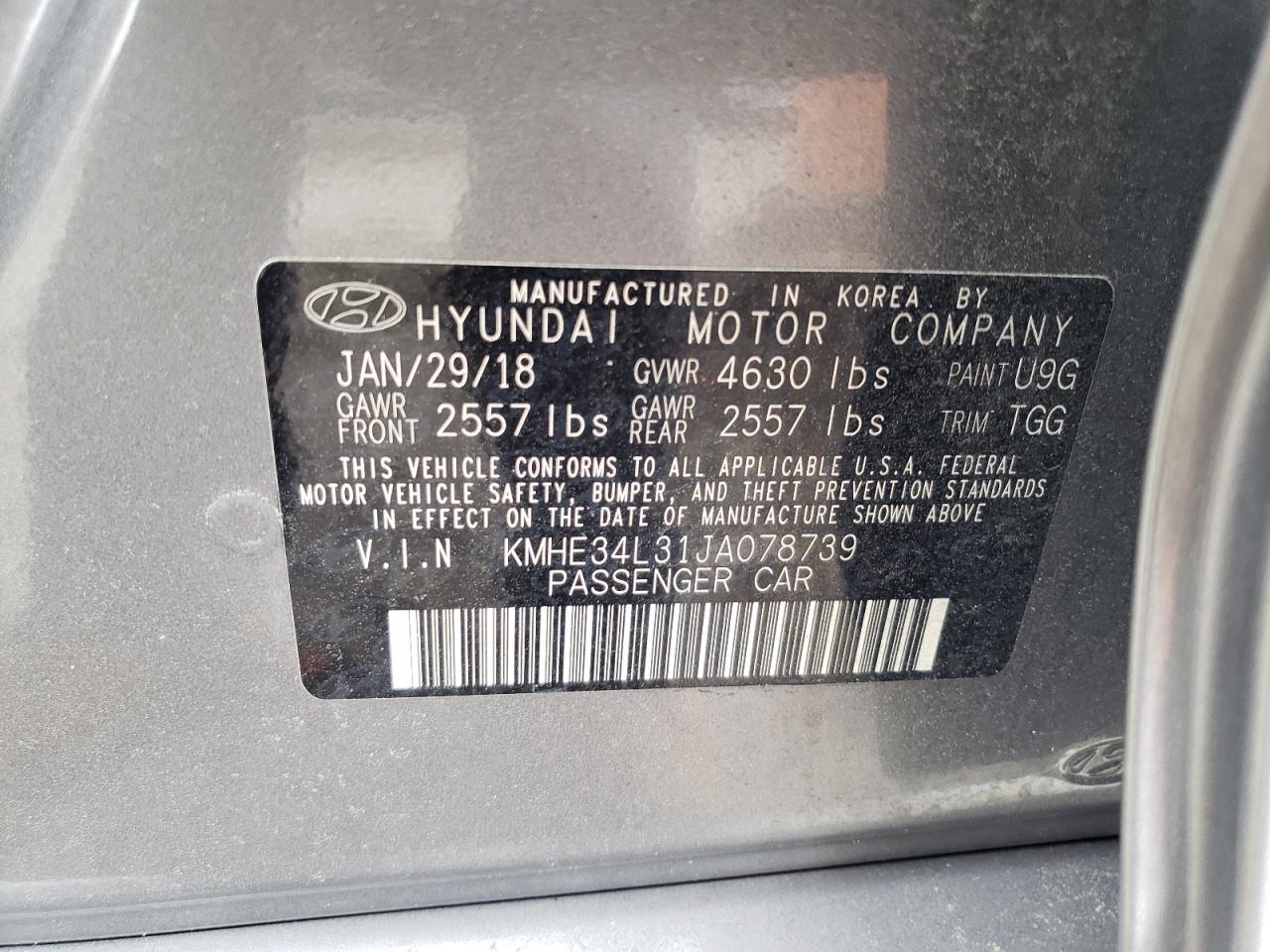 2018 Hyundai Sonata Hybrid VIN: KMHE34L31JA078739 Lot: 80215894