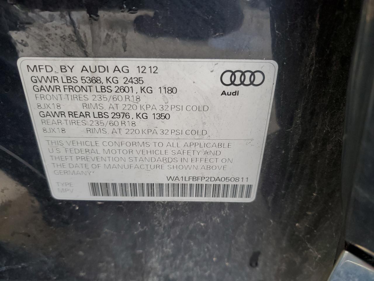 2013 Audi Q5 Premium Plus VIN: WA1LFBFP2DA050811 Lot: 82085054