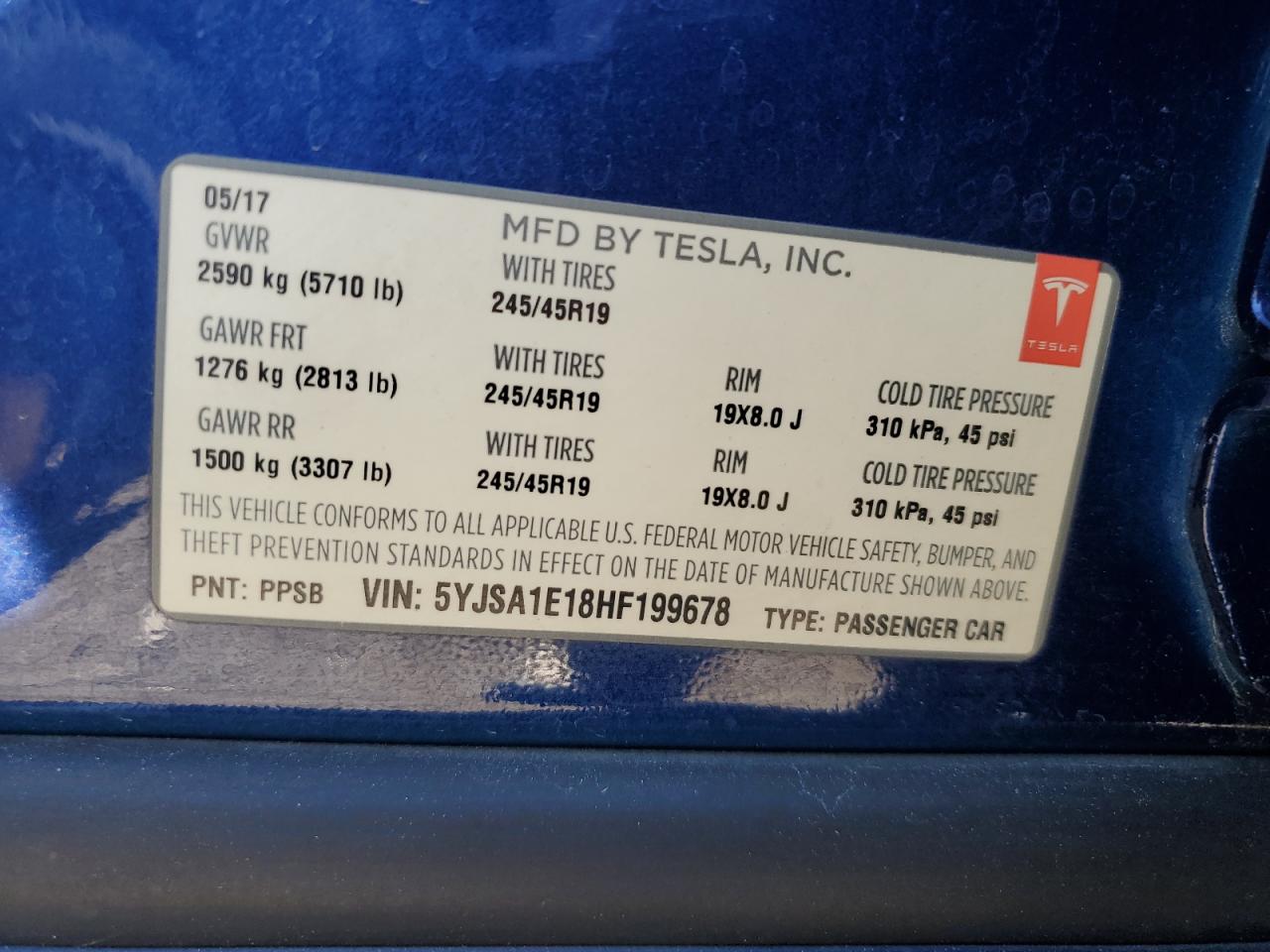 2017 Tesla Model S VIN: 5YJSA1E18HF199678 Lot: 81820564