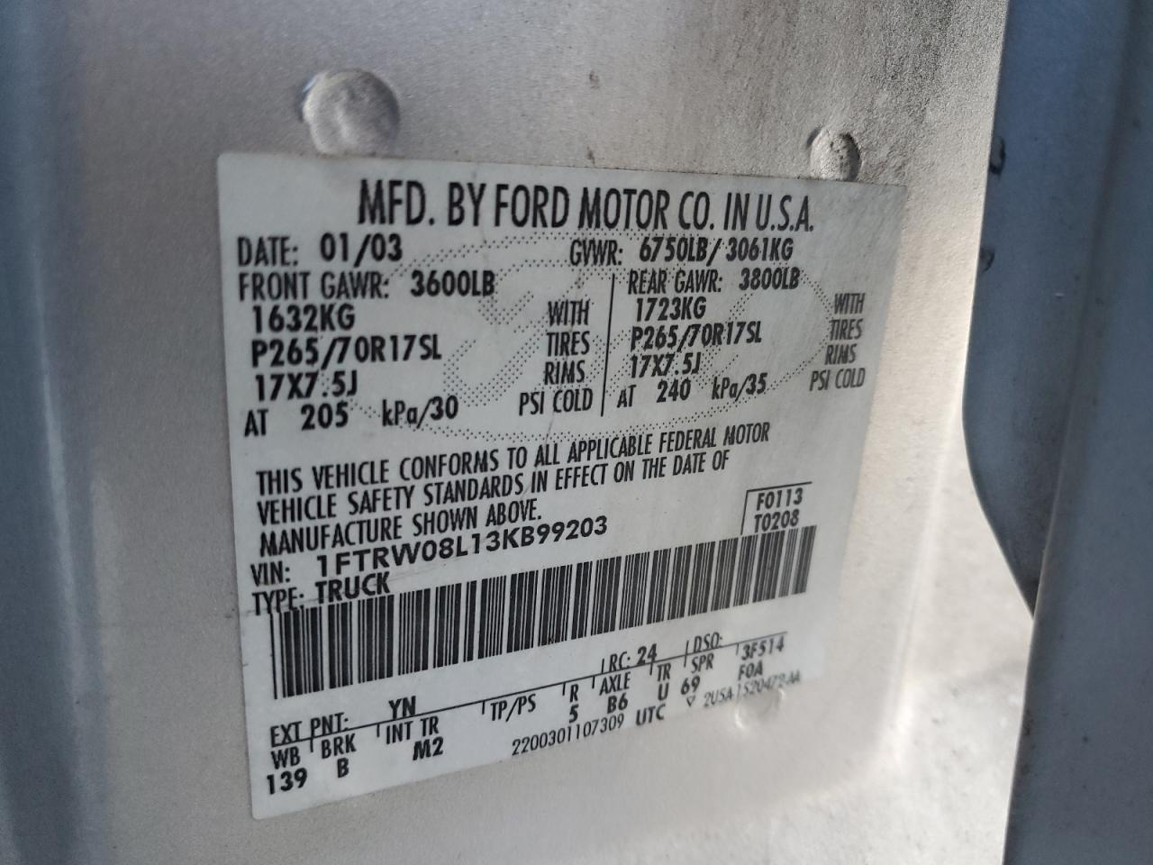 2003 Ford F150 Supercrew VIN: 1FTRW08L13KB99203 Lot: 82229964