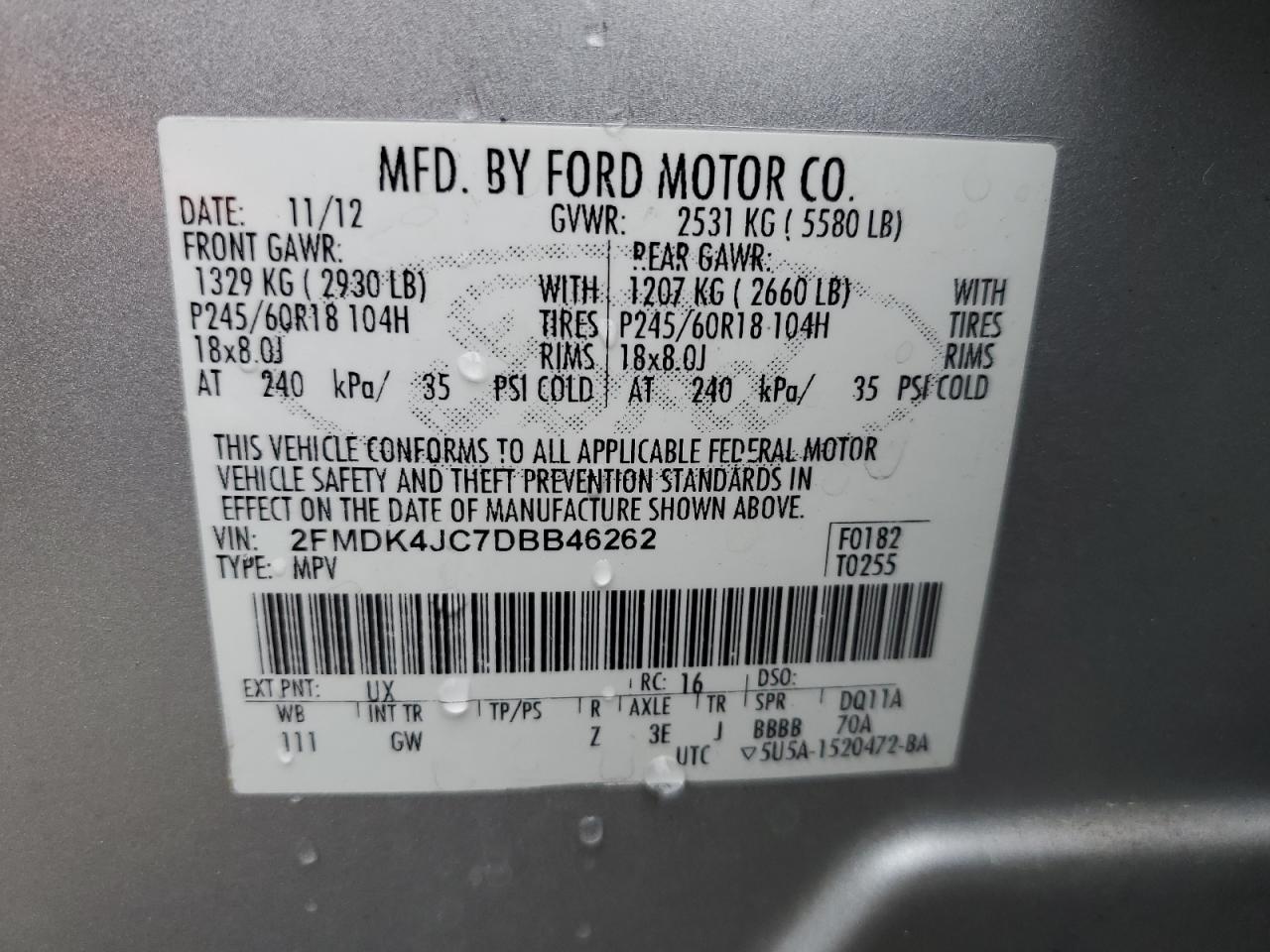 2013 Ford Edge Sel VIN: 2FMDK4JC7DBB46262 Lot: 81562324