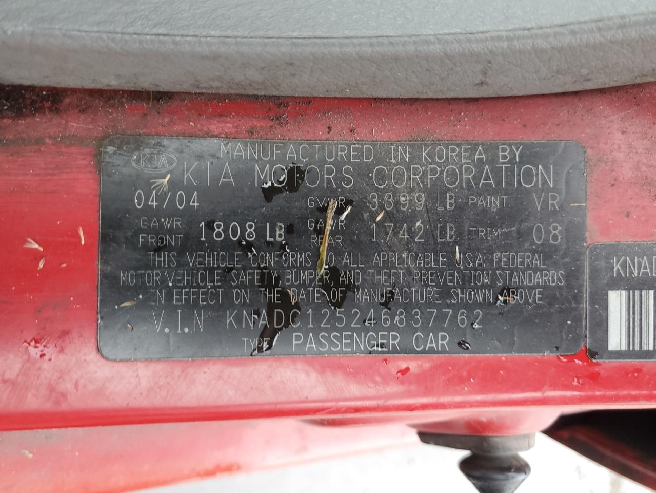 2004 Kia Rio VIN: KNADC125246337762 Lot: 81980194