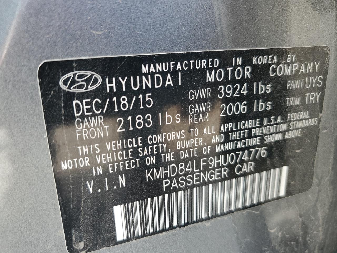 2017 Hyundai Elantra Se VIN: KMHD84LF9HU074776 Lot: 78793964