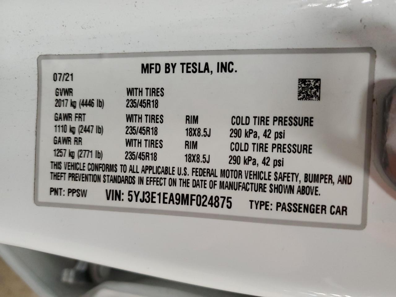 2021 Tesla Model 3 VIN: 5YJ3E1EA9MF024875 Lot: 80018284