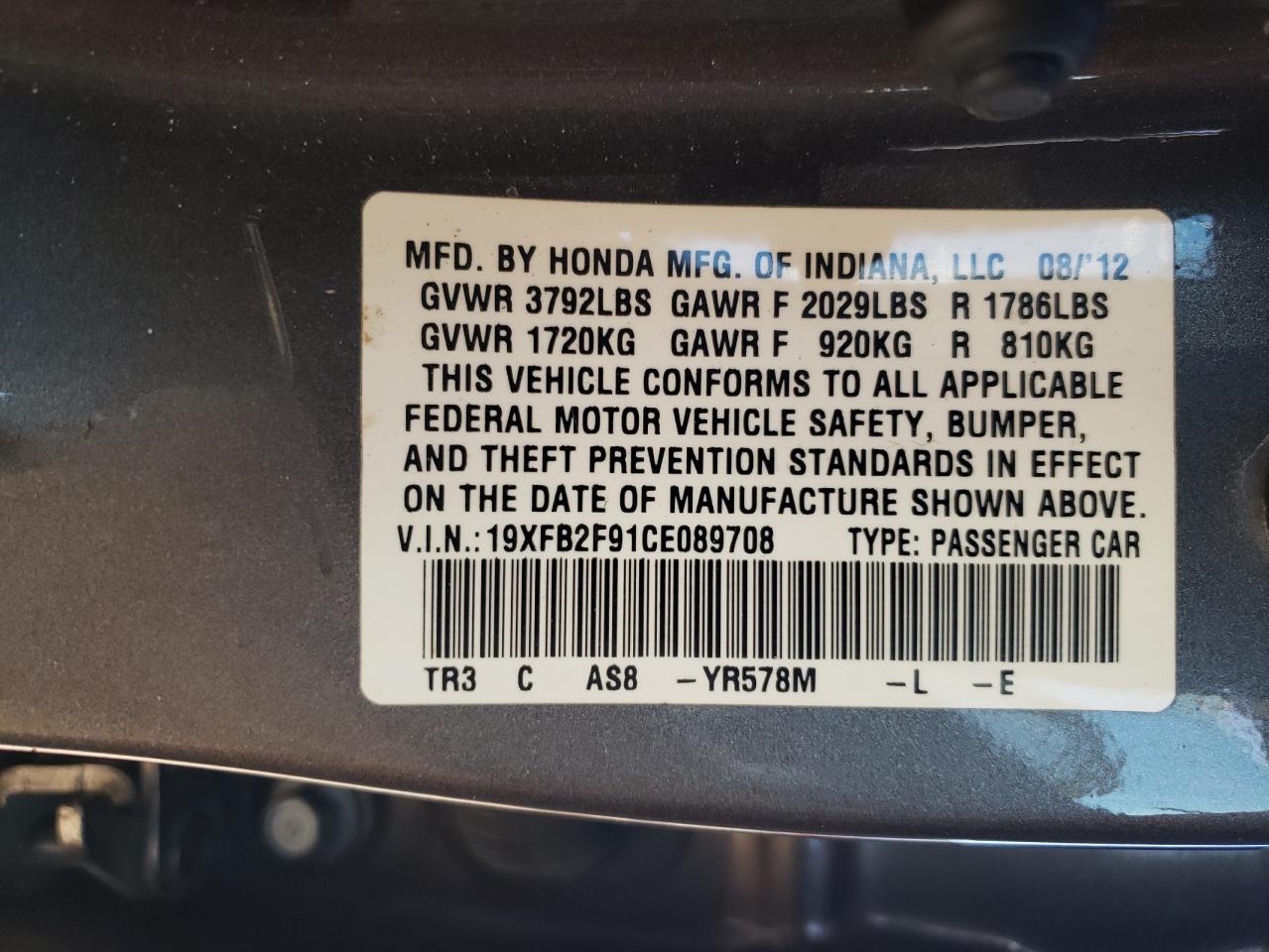 2012 Honda Civic Exl VIN: 19XFB2F91CE089708 Lot: 80009184