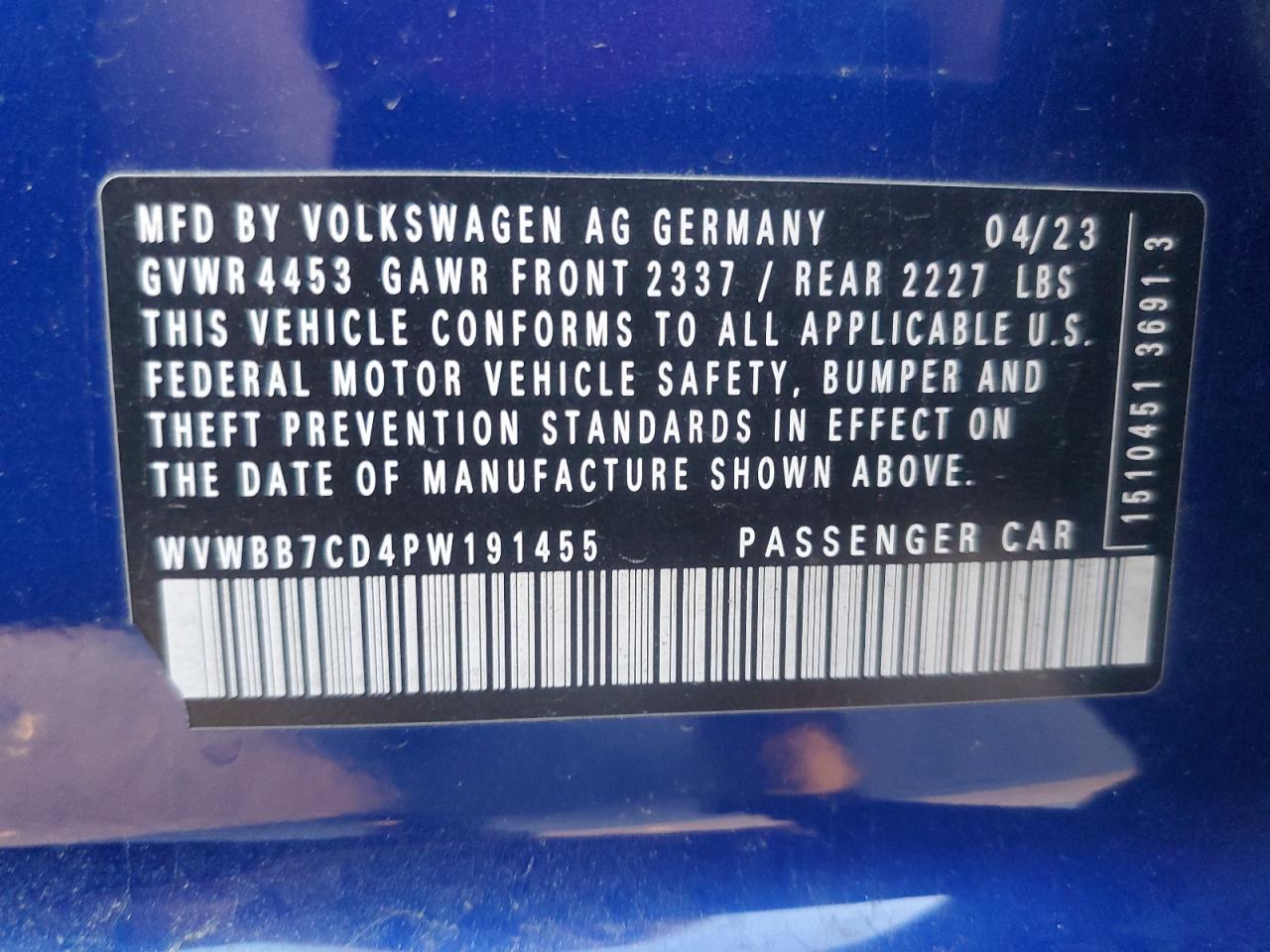 2023 Volkswagen Golf R 20Th Anniversary VIN: WVWBB7CD4PW191455 Lot: 79597134