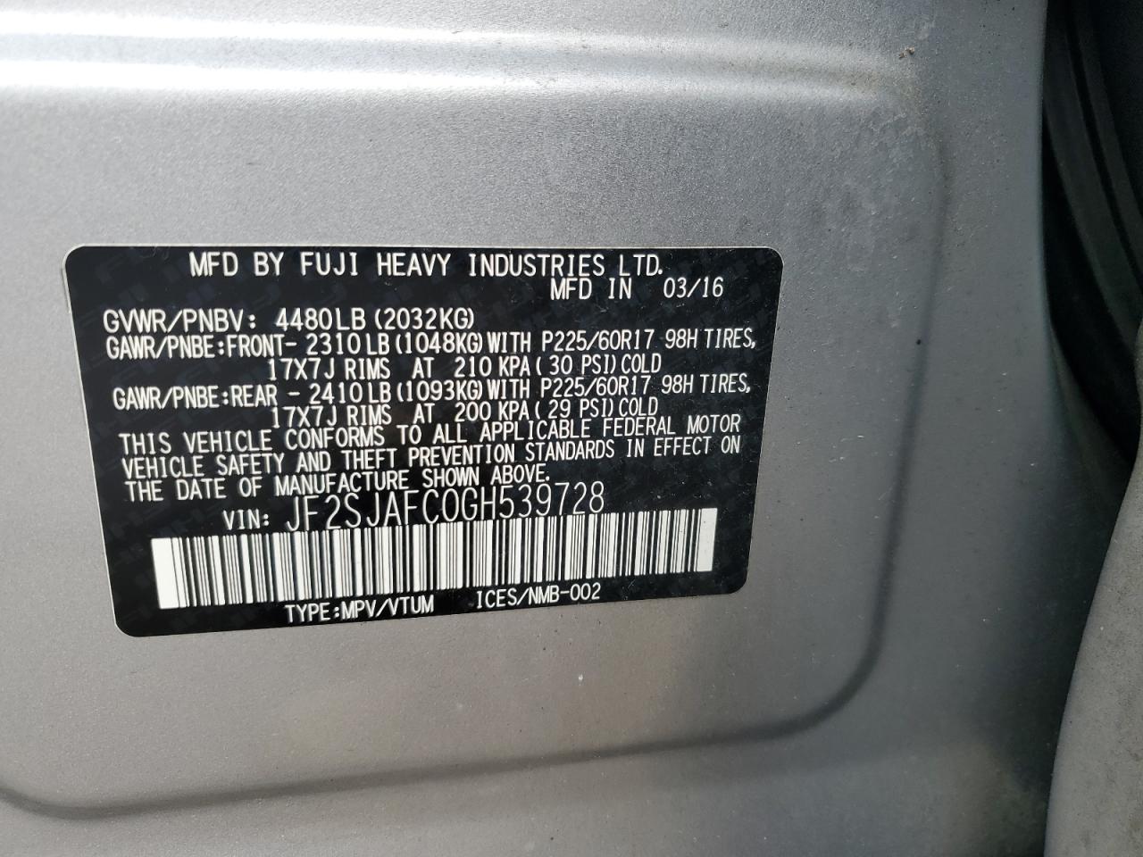 VIN JF2SJAFC0GH539728 2016 SUBARU FORESTER no.13