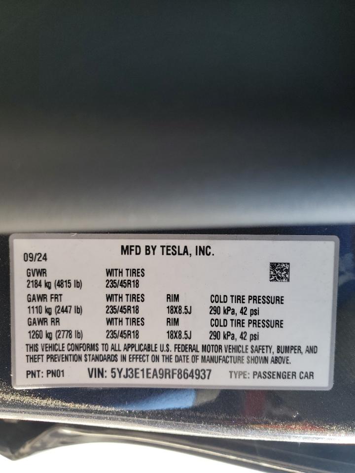 VIN 5YJ3E1EA9RF864937 2024 TESLA MODEL 3 no.13