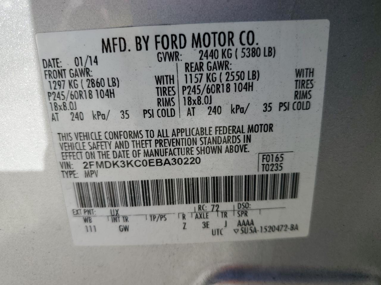 VIN 2FMDK3KC0EBA30220 2014 FORD EDGE no.12