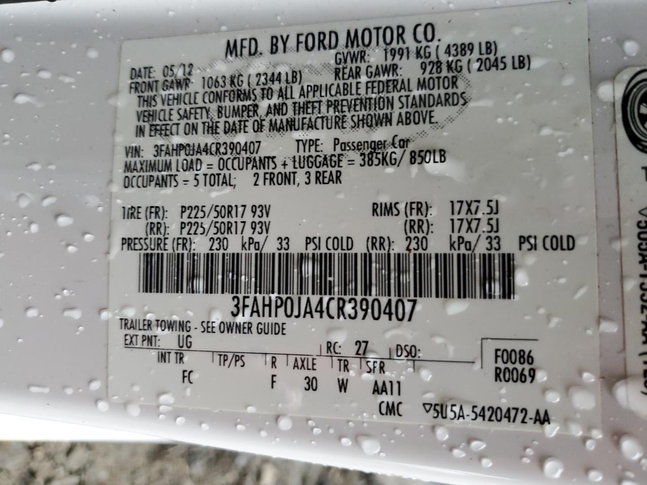 2012 Ford Fusion Sel VIN: 3FAHP0JA4CR390407 Lot: 80609984