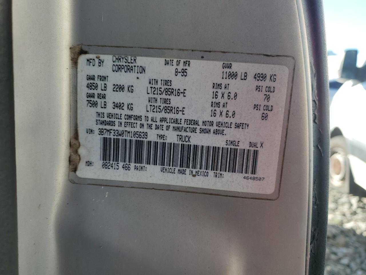 1996 Dodge Ram 3500 VIN: 3B7MF33W0TM105639 Lot: 77418424