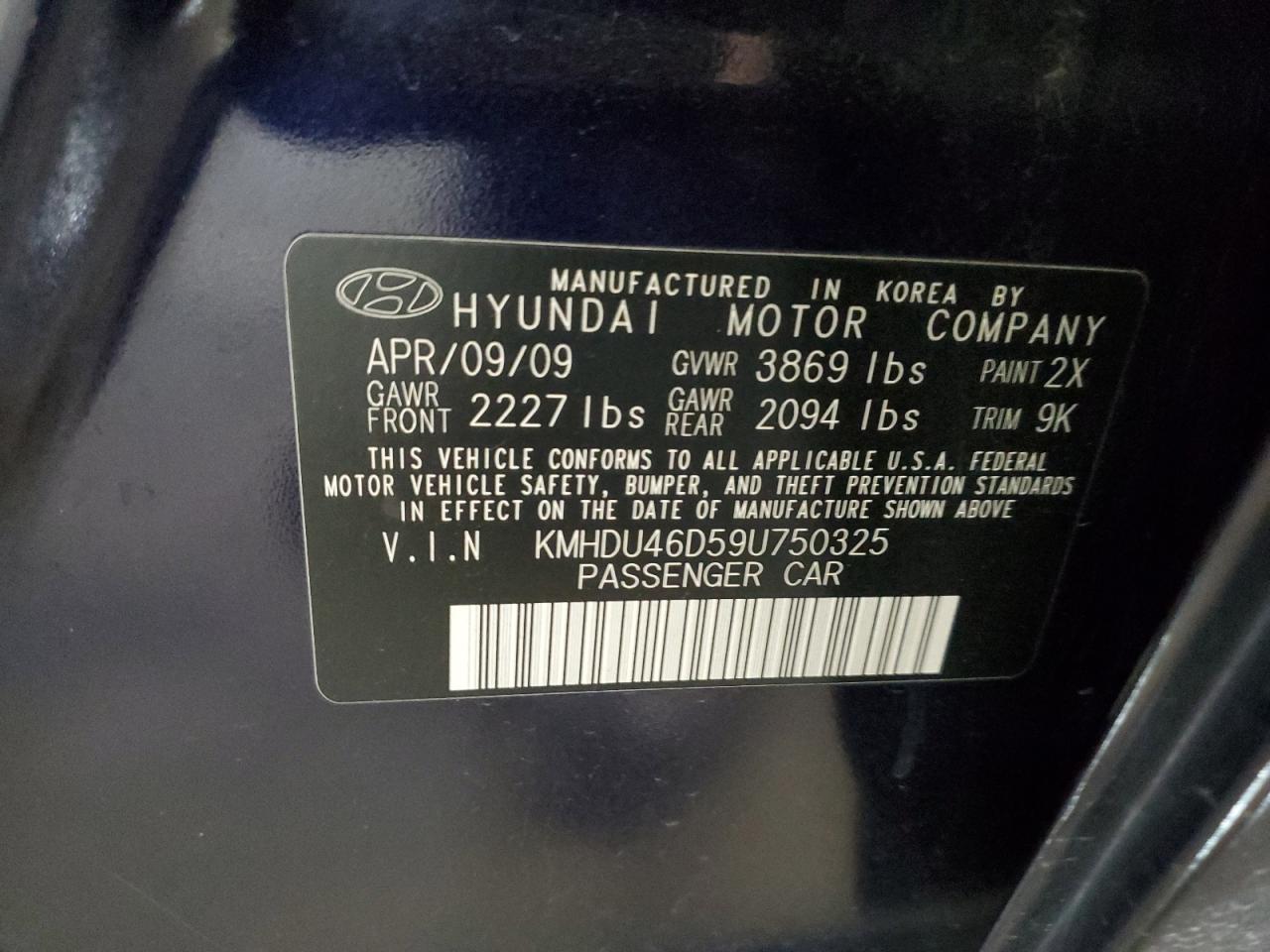 2009 Hyundai Elantra Gls VIN: KMHDU46D59U750325 Lot: 81304664