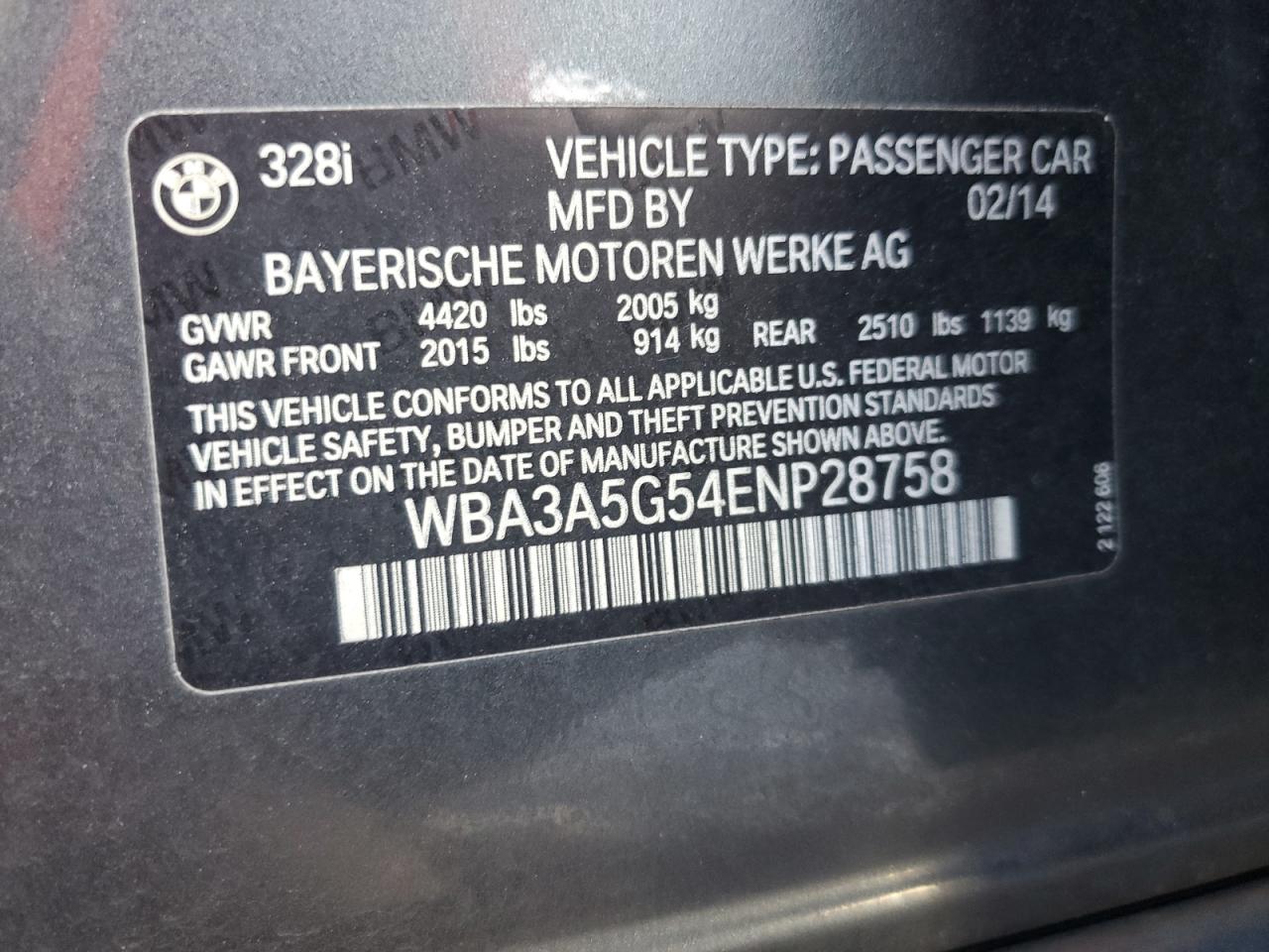 VIN WBA3A5G54ENP28758 2014 BMW 3 SERIES no.12