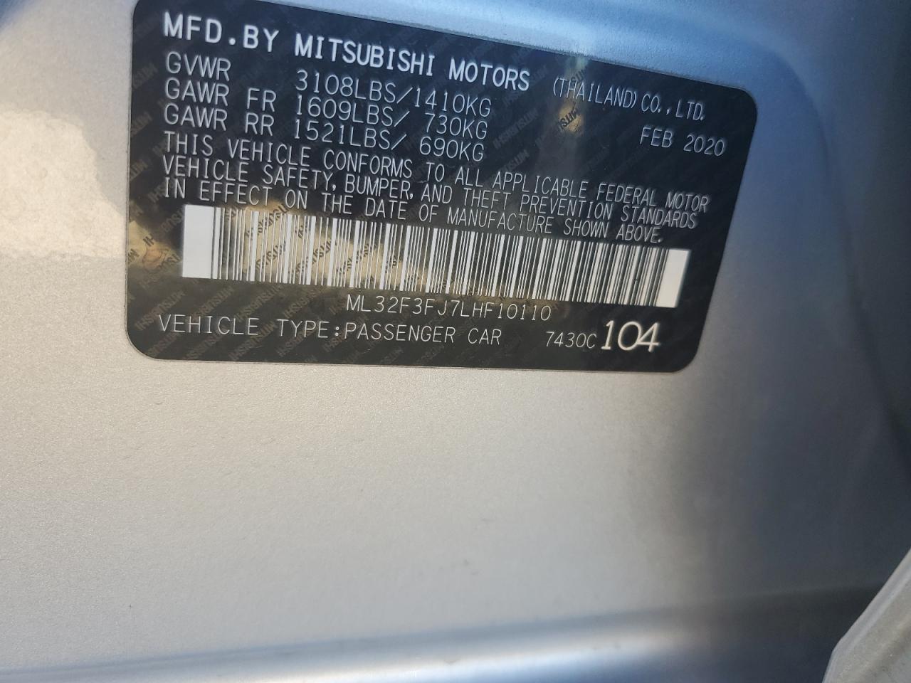 VIN ML32F3FJ7LHF10110 2020 MITSUBISHI MIRAGE no.12