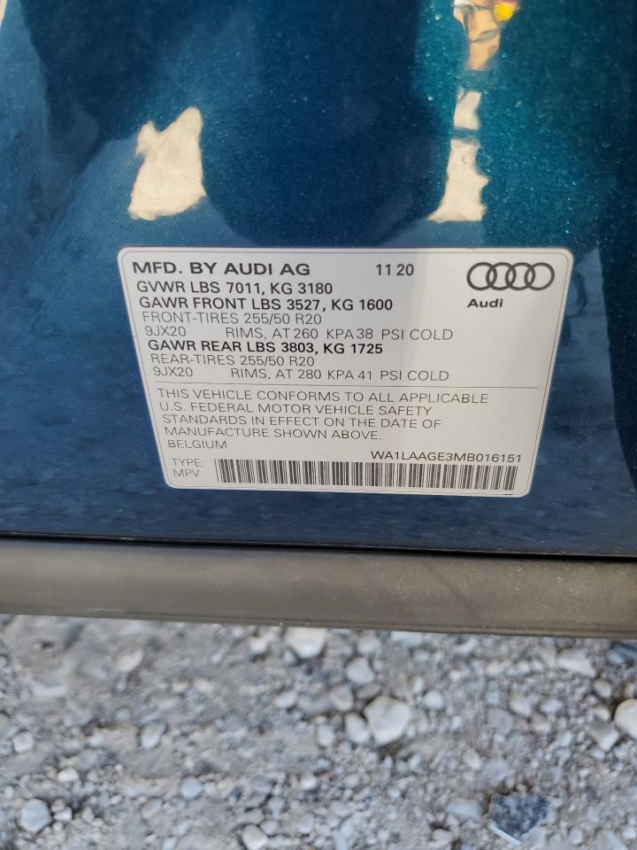 2021 Audi E-Tron Premium Plus VIN: WA1LAAGE3MB016151 Lot: 82004174