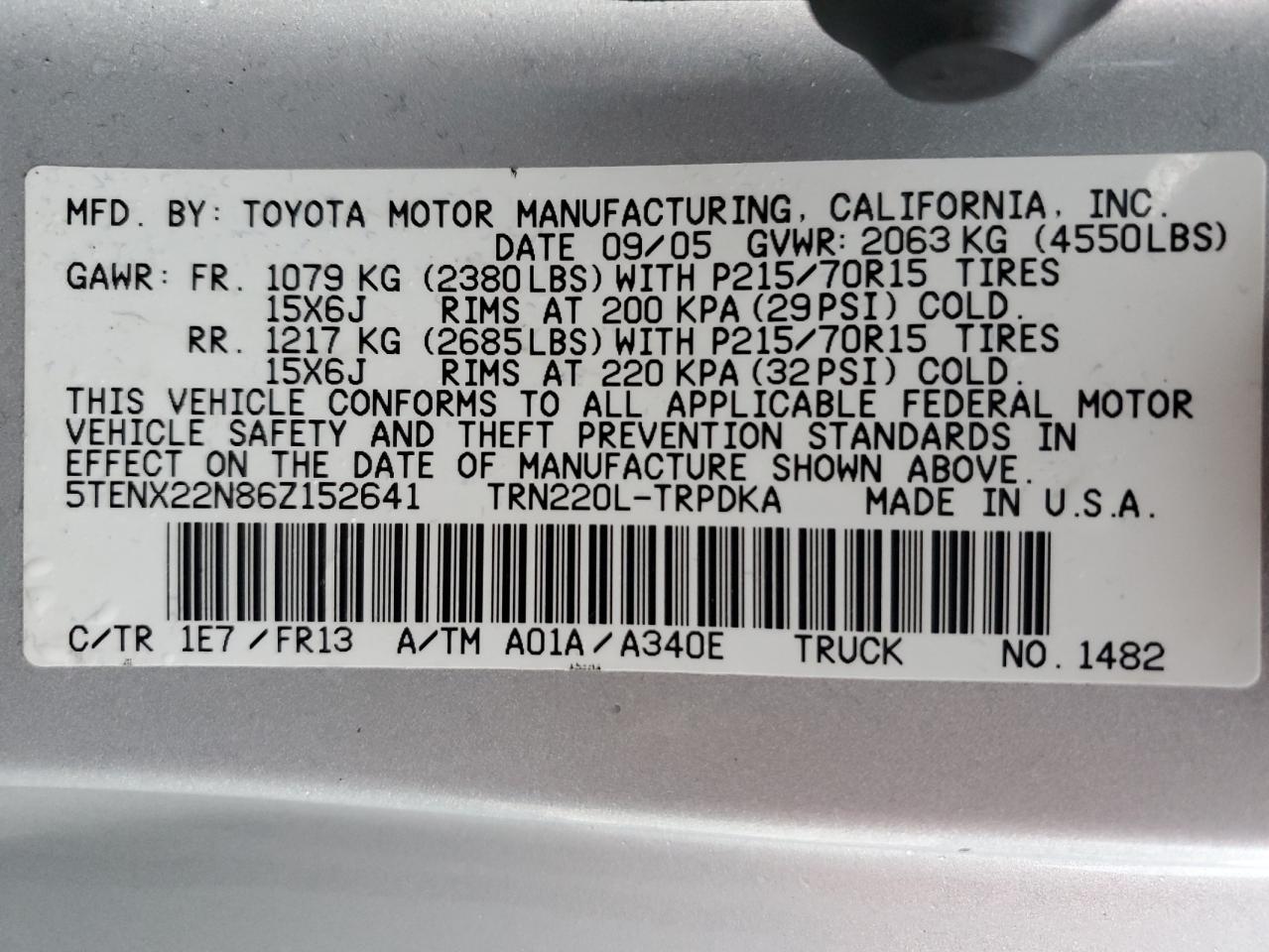 2006 Toyota Tacoma VIN: 5TENX22N86Z152641 Lot: 79705434