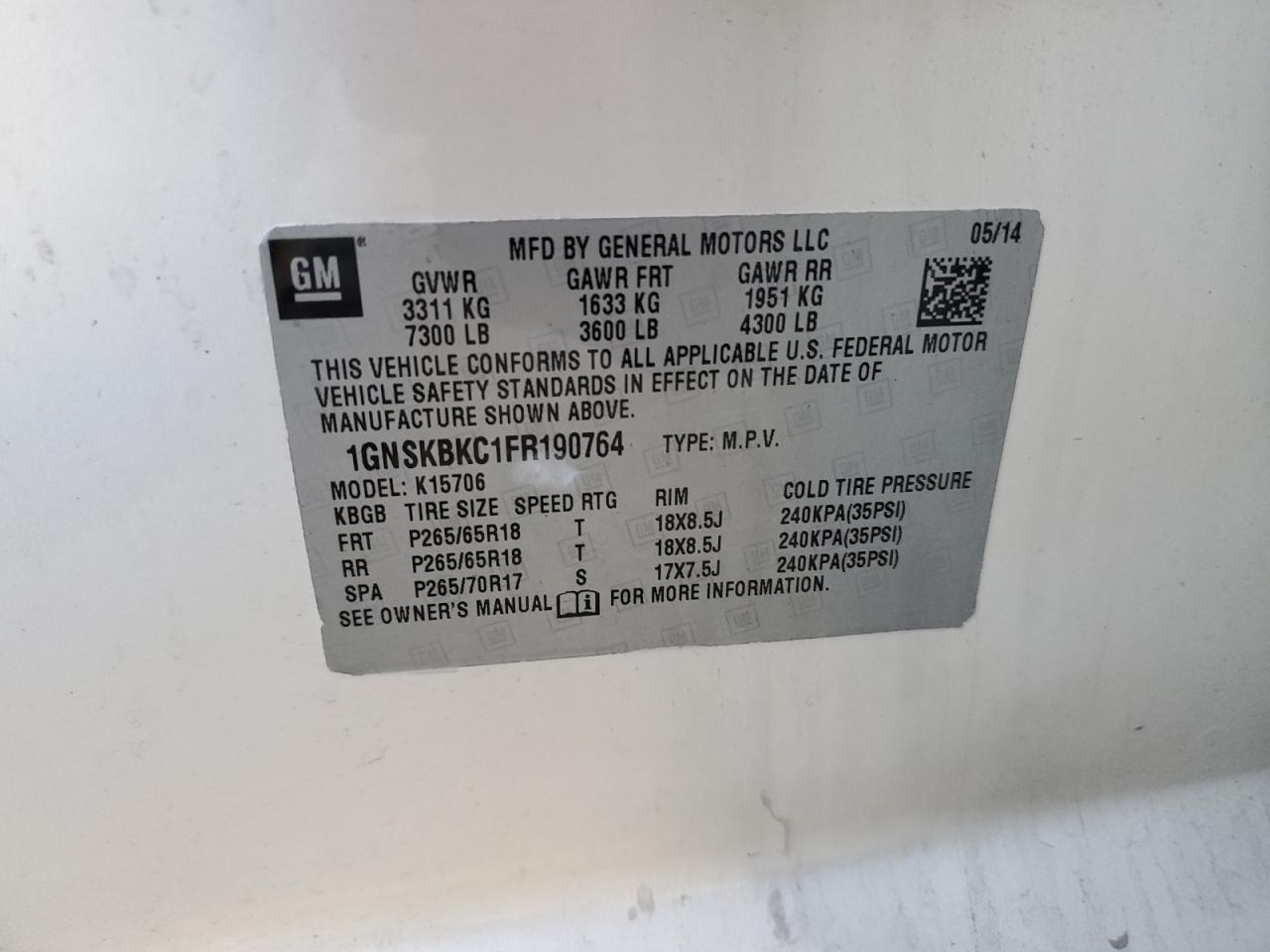 2015 Chevrolet Tahoe K1500 Lt VIN: 1GNSKBKC1FR190764 Lot: 69990275