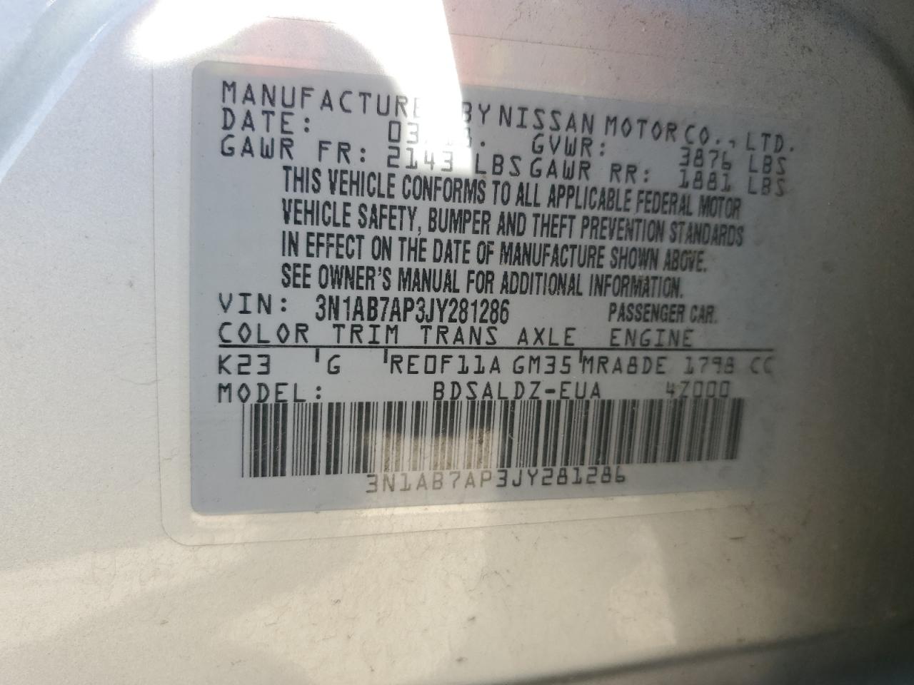 VIN 3N1AB7AP3JY281286 2018 NISSAN SENTRA no.13