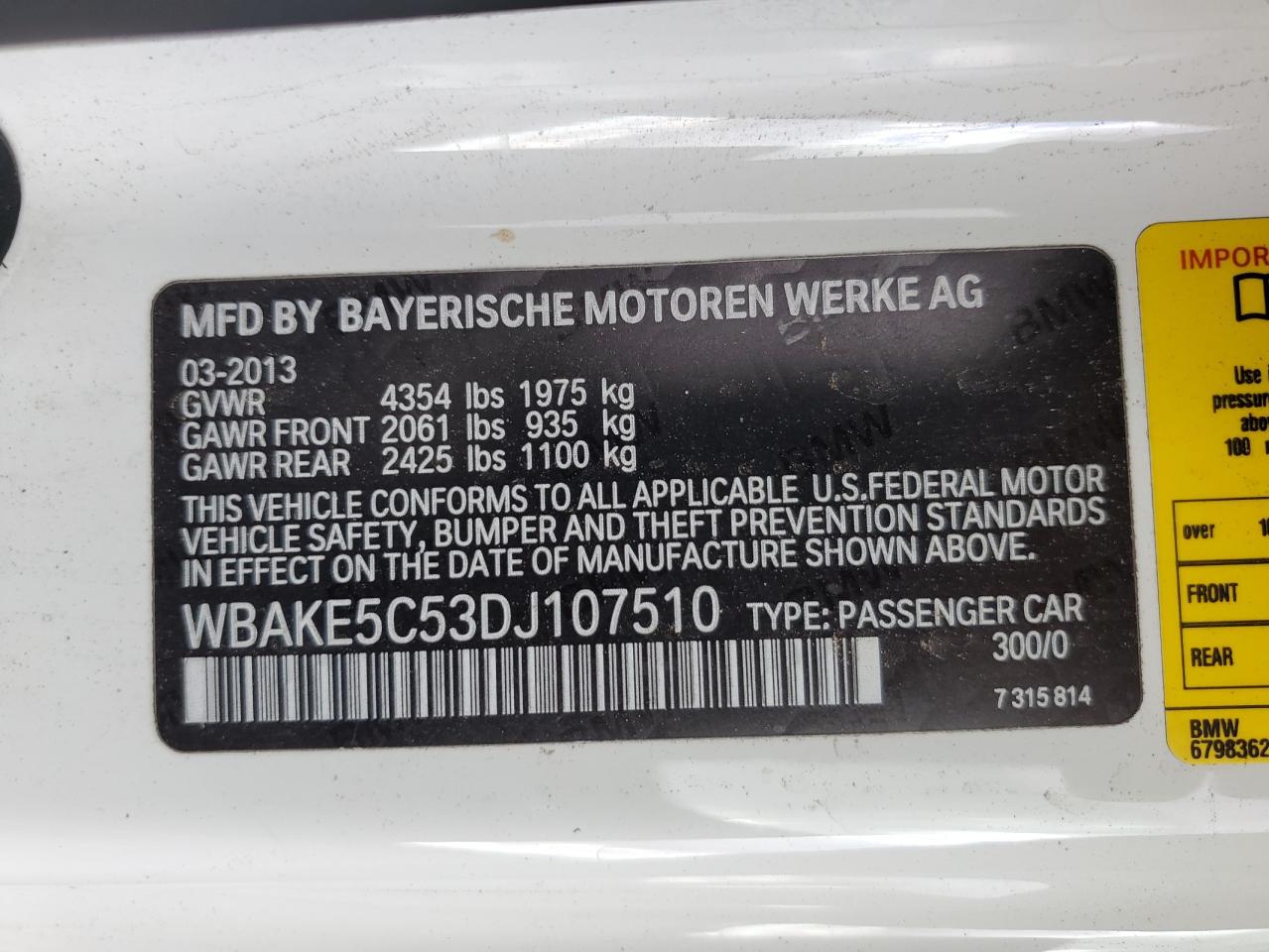 2013 BMW 328 I Sulev VIN: WBAKE5C53DJ107510 Lot: 81144664