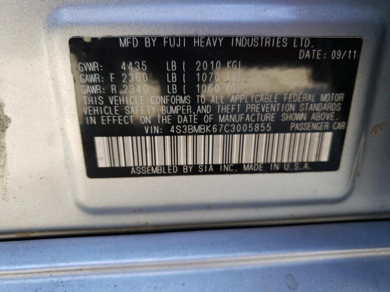 2012 Subaru Legacy 2.5I Limited VIN: 4S3BMBK67C3005855 Lot: 79387444