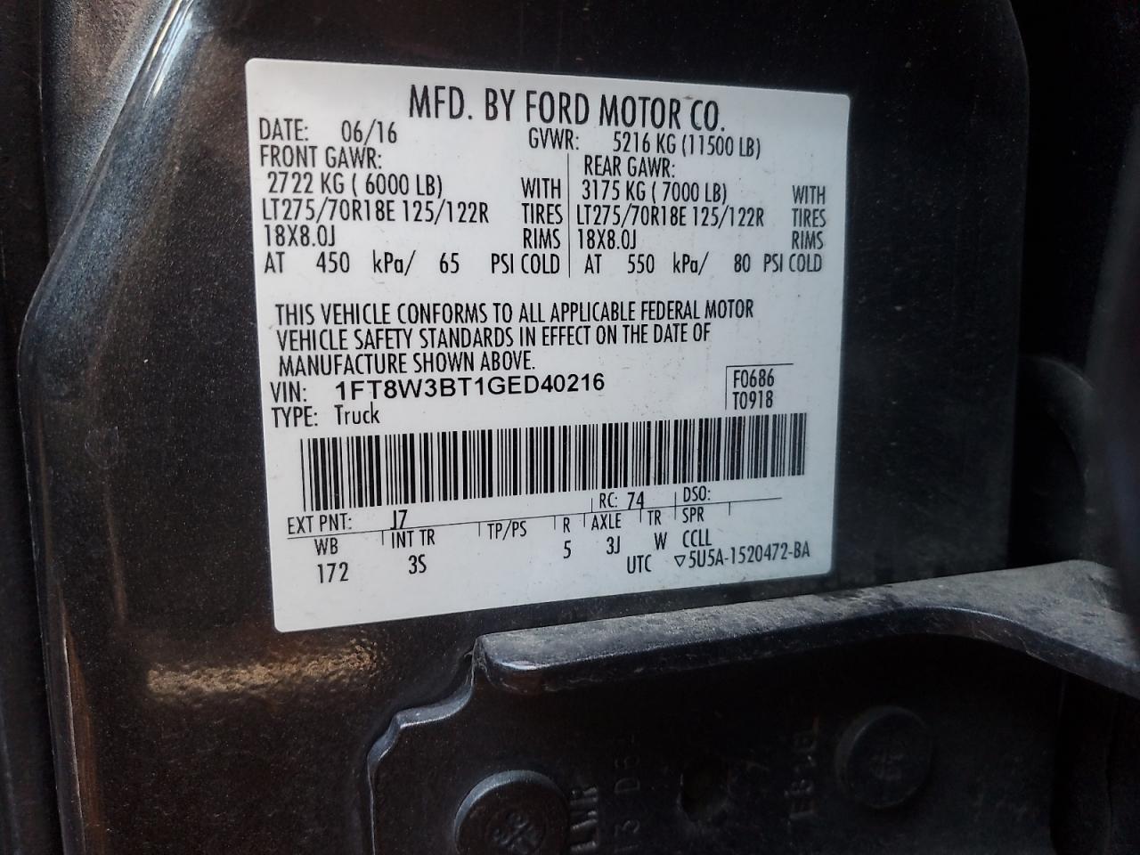 2016 Ford F350 Super Duty VIN: 1FT8W3BT1GED40216 Lot: 79563464