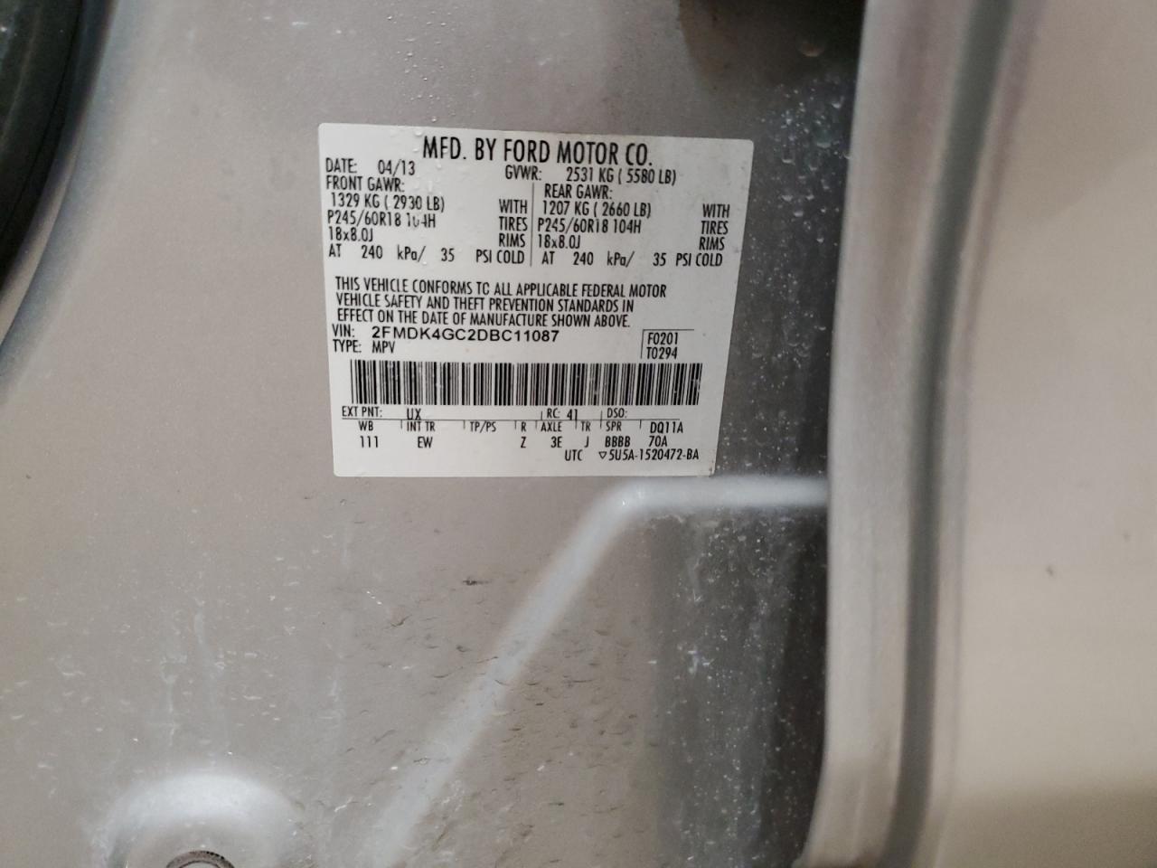 2013 Ford Edge Se VIN: 2FMDK4GC2DBC11087 Lot: 82374534