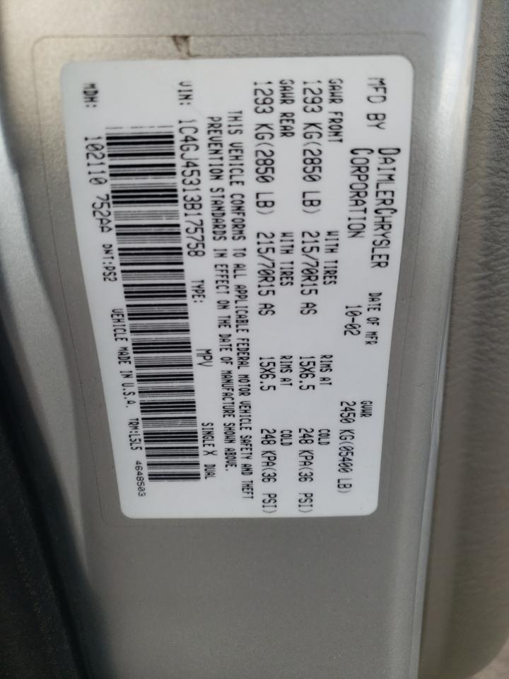 2003 Chrysler Voyager Lx VIN: 1C4GJ45313B175758 Lot: 82148734