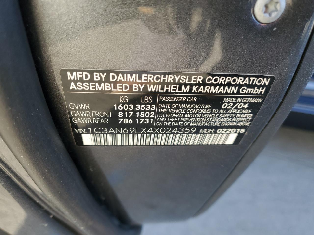 2004 Chrysler Crossfire Limited VIN: 1C3AN69LX4X024359 Lot: 78842834