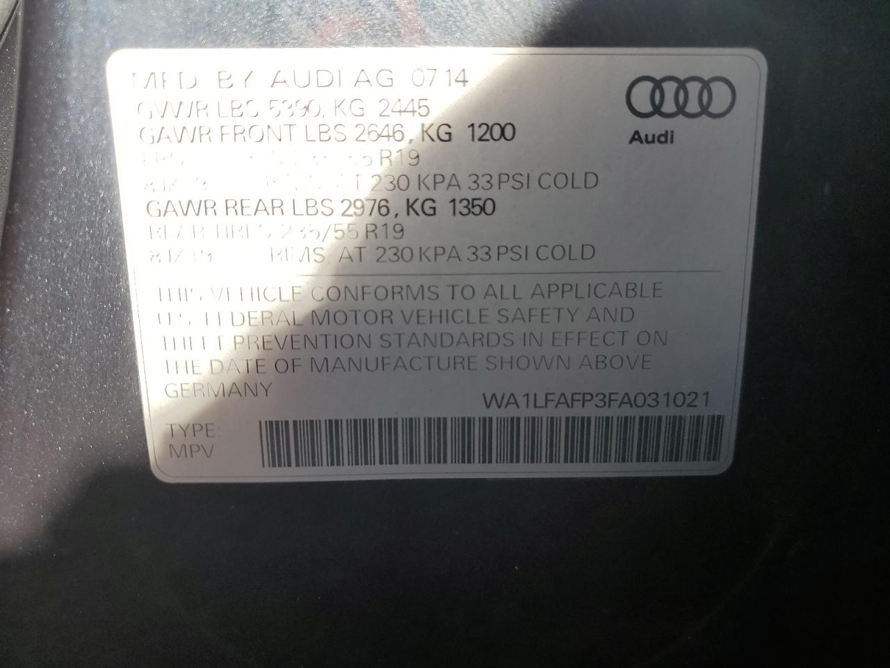 2015 Audi Q5 Premium Plus VIN: WA1LFAFP3FA031021 Lot: 81054324