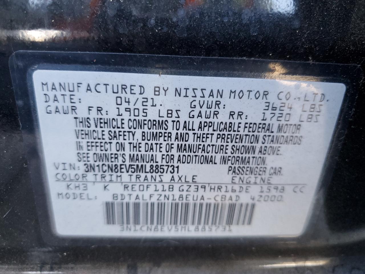 VIN 3N1CN8EV5ML885731 2021 NISSAN VERSA no.12