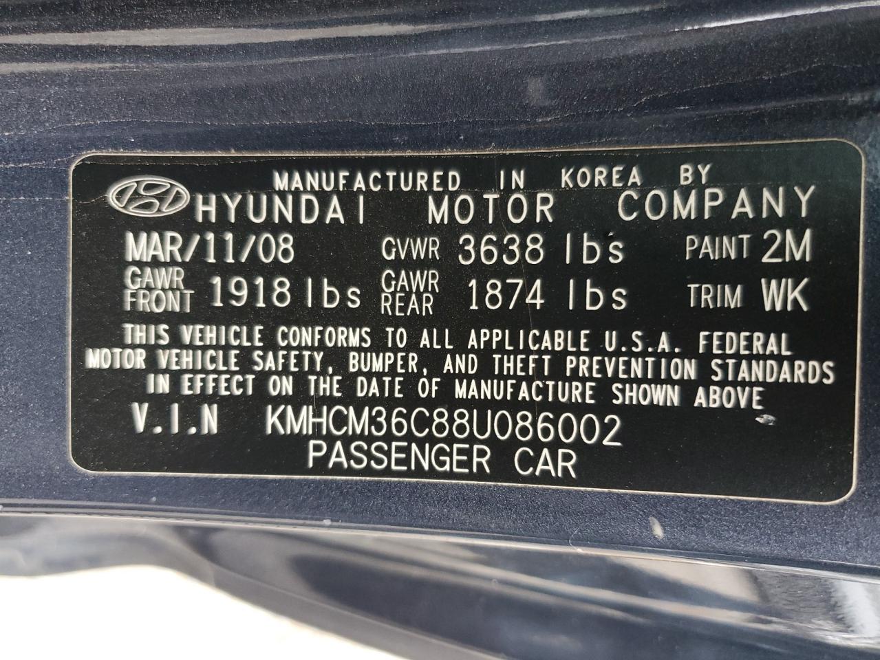 2008 Hyundai Accent Gs VIN: KMHCM36C88U086002 Lot: 79438824