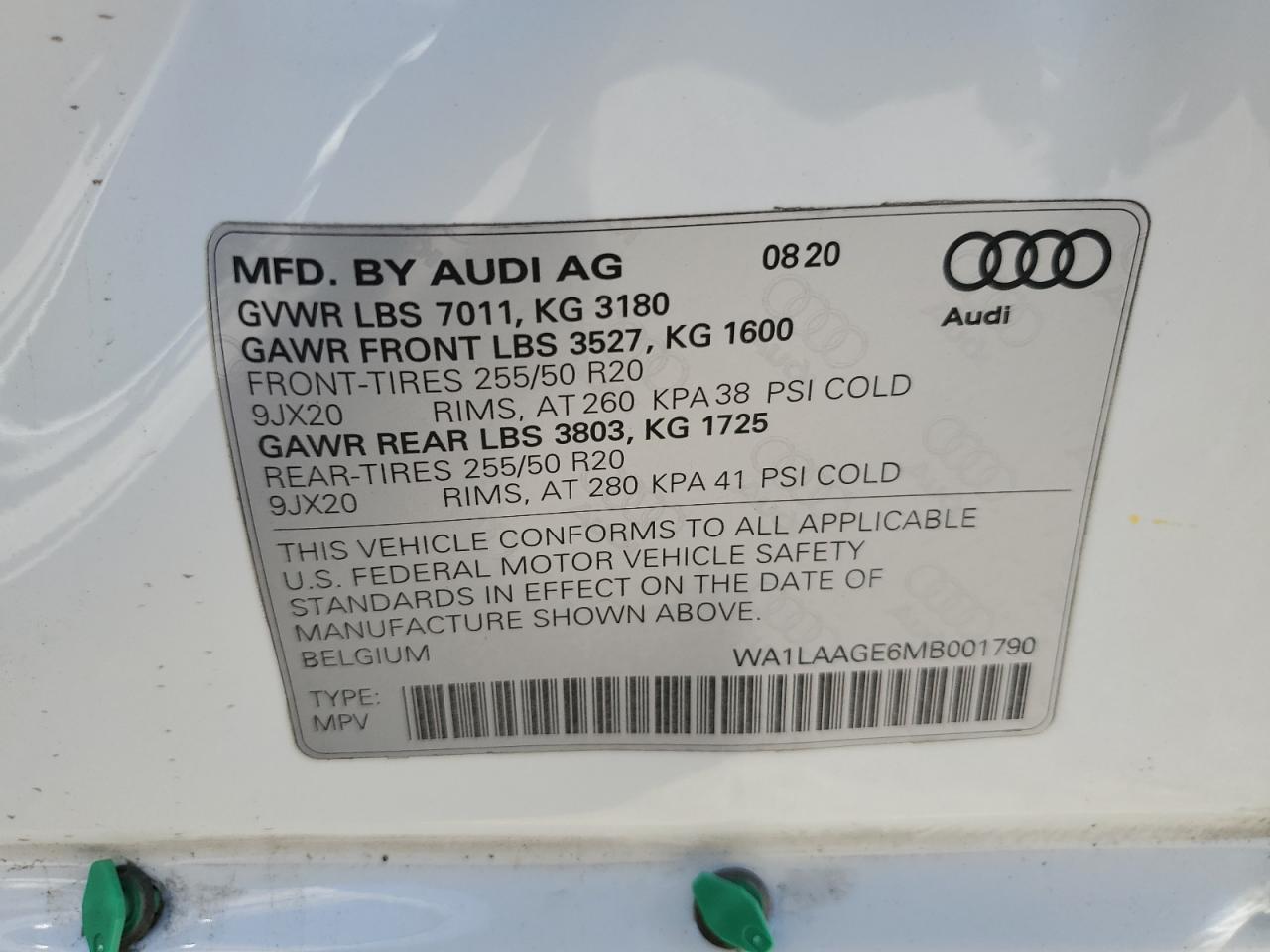 2021 Audi E-Tron Premium Plus VIN: WA1LAAGE6MB001790 Lot: 80484104