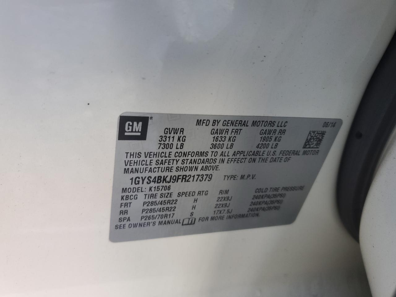 2015 Cadillac Escalade Luxury VIN: 1GYS4BKJ9FR217379 Lot: 82137474