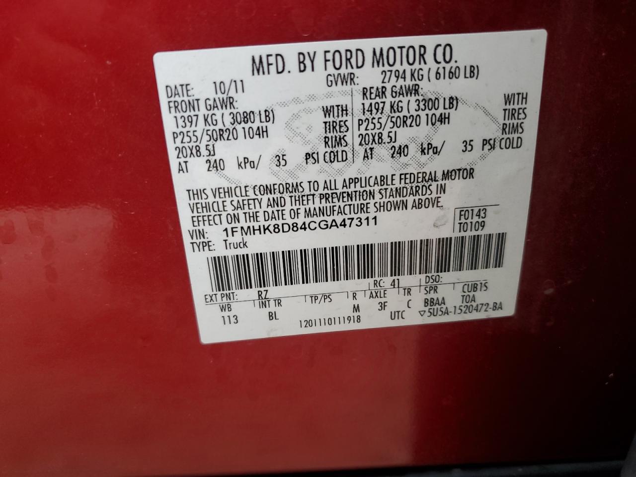 2012 Ford Explorer Xlt VIN: 1FMHK8D84CGA47311 Lot: 79868464