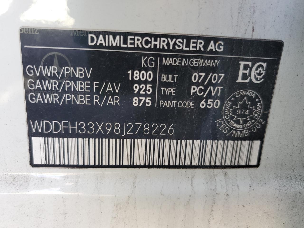 2008 Mercedes-Benz B200 VIN: WDDFH33X98J278226 Lot: 79452584