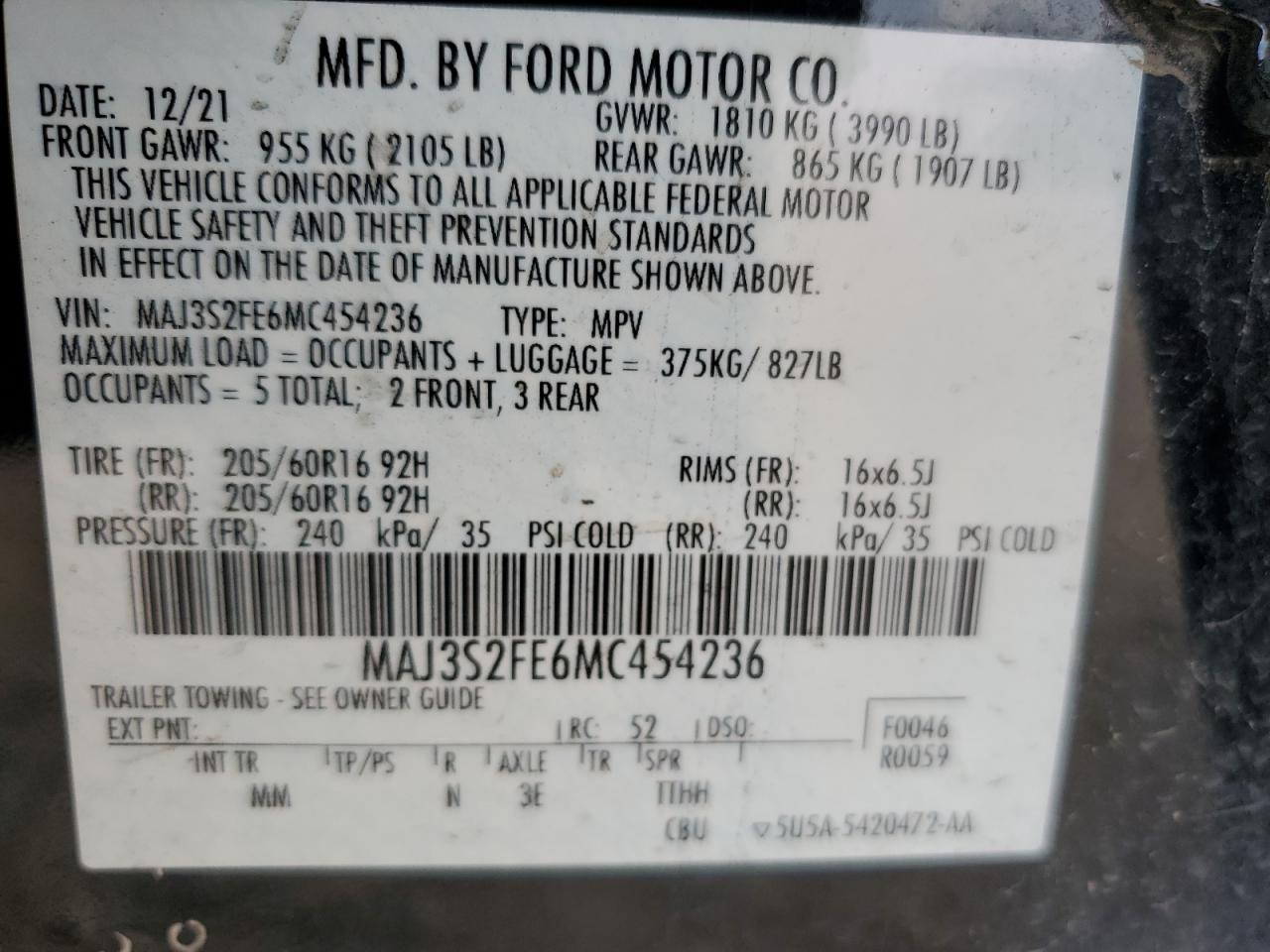 2021 Ford Ecosport S VIN: MAJ3S2FE6MC454236 Lot: 79923994